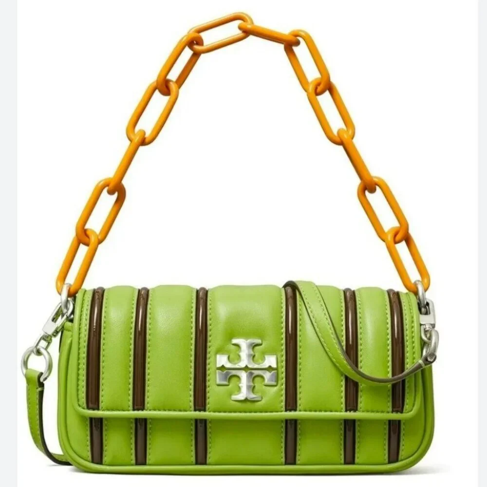 Tory Burch Kira Green Leather Shoulder Bag Stripe Chain Strap Silver Hardware